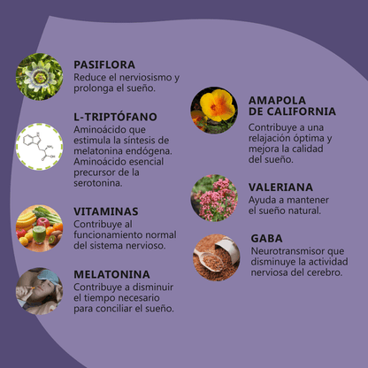Ingredientes clave: pasiflora, amapola de california, valeriana, gaba, melatonina